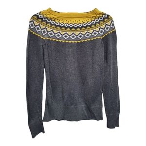 Merona Women's Gray and Yellow Crew Neck Sweater with Fair Isle Pattern - Size S